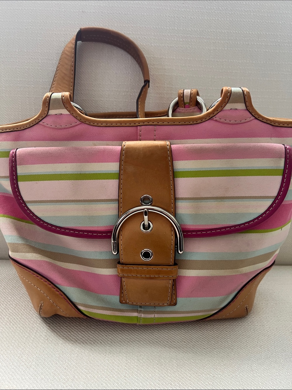 Coach Striped Pink Canvas Tote with Tan Trim